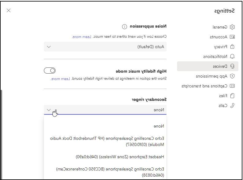 Teams Settings dialog box